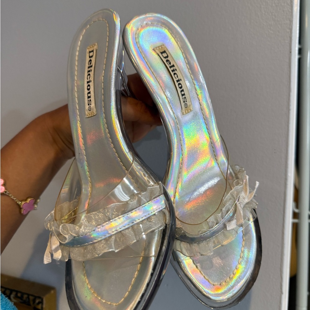 Delicious Iridescent Silver Ruffle Slide Mules